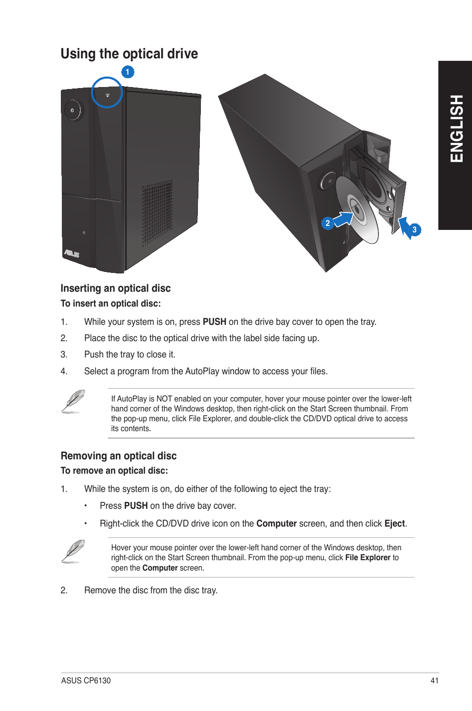 Using the optical drive, En gl is h en gl is h | Asus CP6130 User Manual | Page 41 / 70