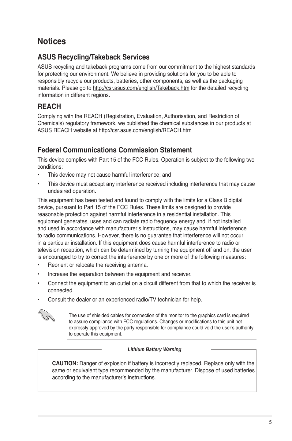 Notices, Asus recycling/takeback services, Reach | Federal communications commission statement | Asus CP6130 User Manual | Page 5 / 70