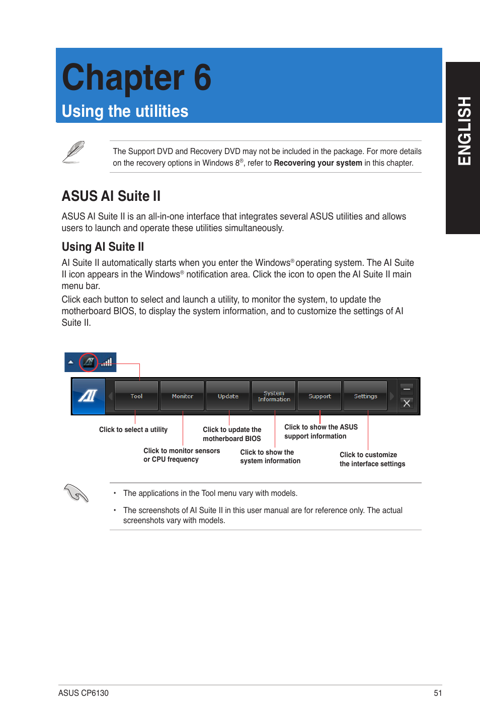 Chapter 6: using the utilities, Asus ai suite ii, Using the utilities | Chapter 6, En gl is h en gl is h | Asus CP6130 User Manual | Page 51 / 70