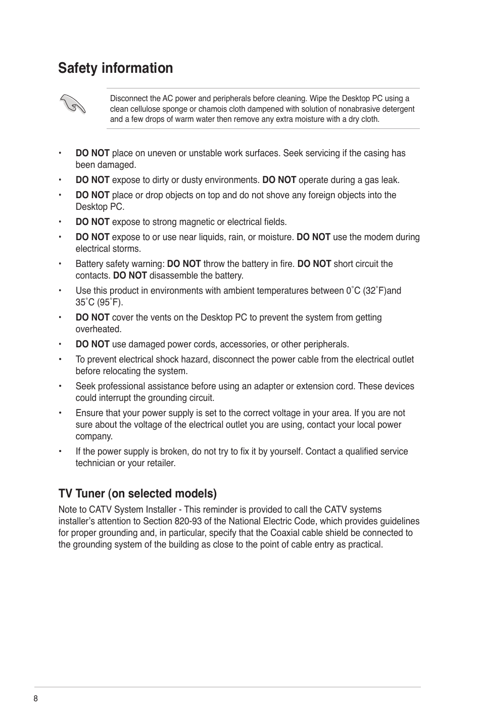 Safety information, Tv tuner (on selected models) | Asus CP6130 User Manual | Page 8 / 70