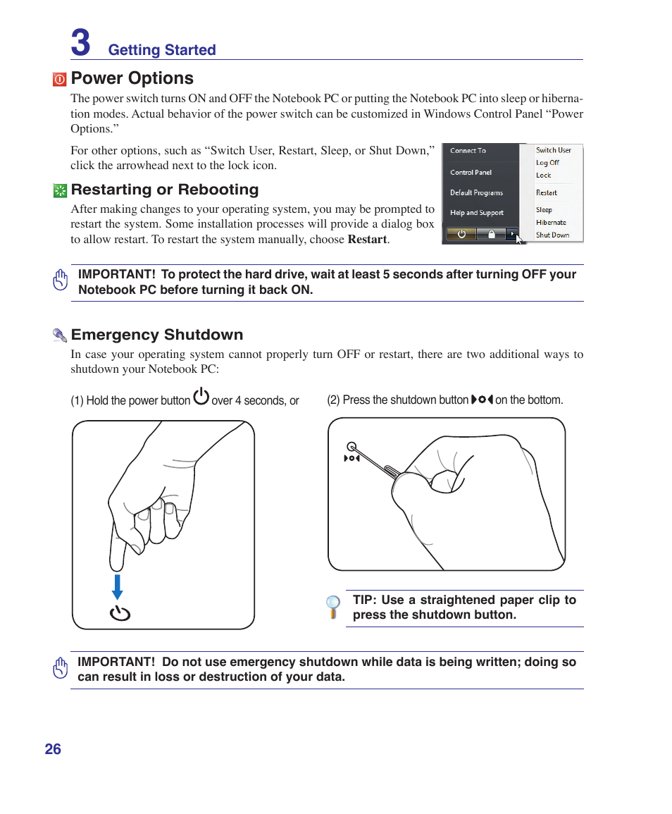 Power options | Asus Z62Ha User Manual | Page 26 / 83