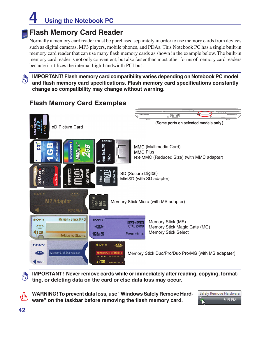 Flash memory card reader | Asus Z62Ha User Manual | Page 42 / 83