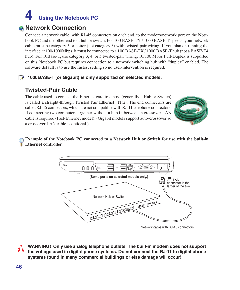 Network connection | Asus Z62Ha User Manual | Page 46 / 83