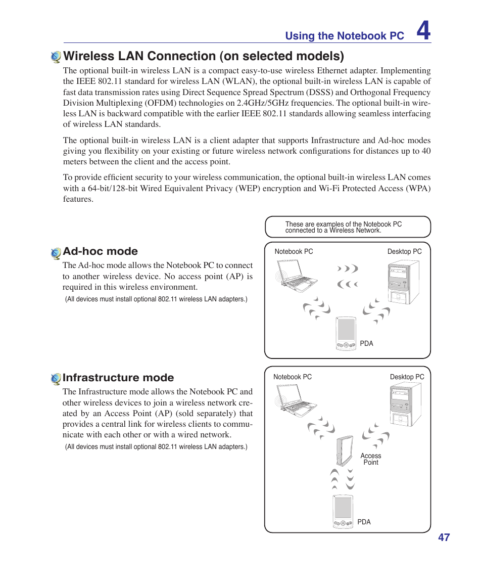 Wireless lan connection (on selected models) | Asus Z62Ha User Manual | Page 47 / 83
