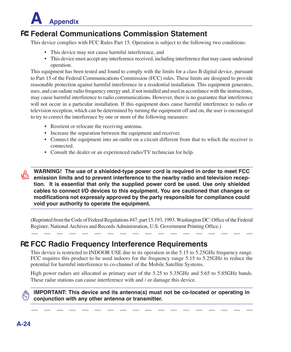 Federal communications commission statement, Fcc radio frequency interference requirements | Asus Z62Ha User Manual | Page 74 / 83