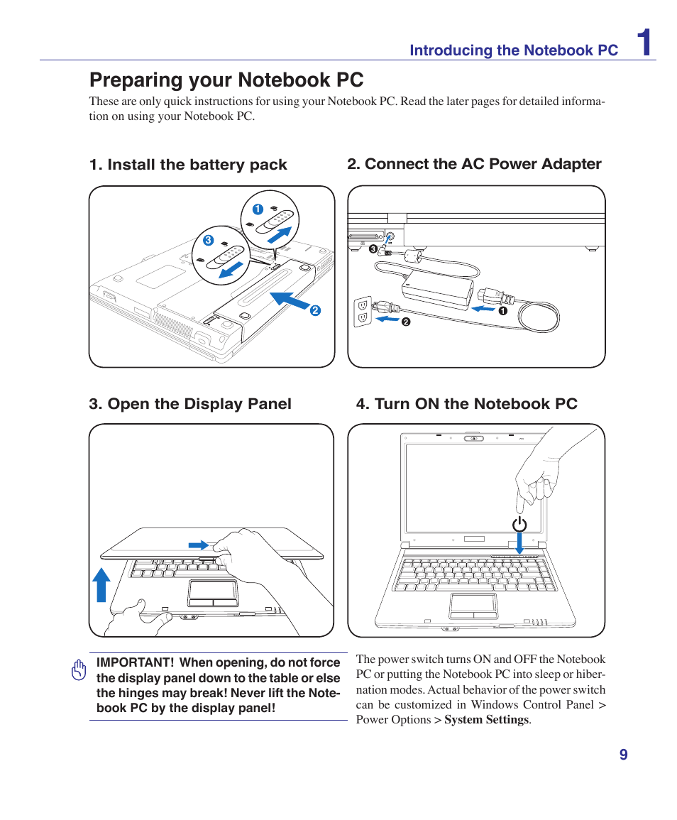 Preparing your notebook pc | Asus Z62Ha User Manual | Page 9 / 83