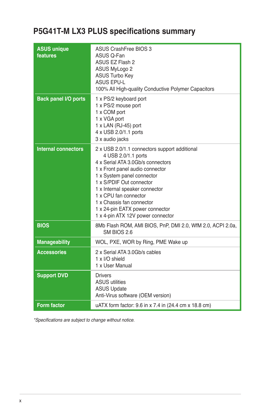 P5g41t-m lx3 plus specifications summary | Asus P5G41T-M LX3 PLUS User Manual | Page 10 / 60