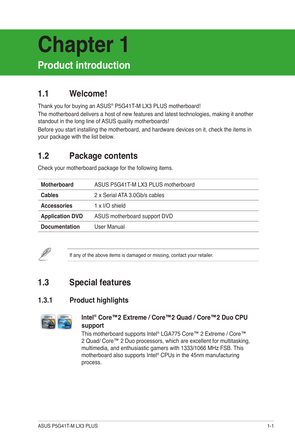 Chapter 1, Product introduction, 1 welcome | 2 package contents, 3 special features, 1 product highlights, Welcome! -1, Package contents -1, Special features -1 1.3.1, Product highlights -1 | Asus P5G41T-M LX3 PLUS User Manual | Page 11 / 60