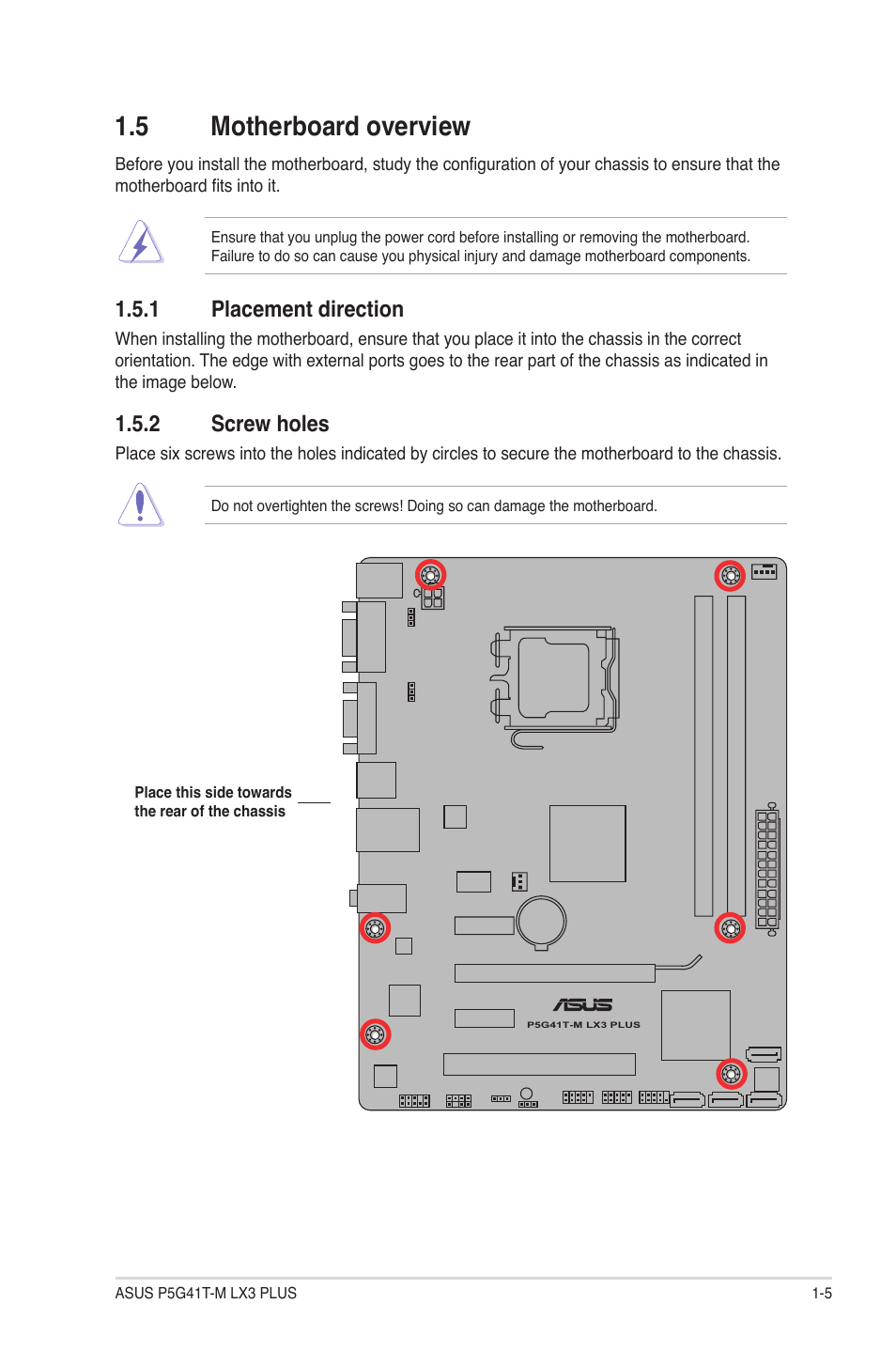 5 motherboard overview, 1 placement direction, 2 screw holes | Motherboard overview -5 1.5.1, Placement direction -5, Screw holes -5 | Asus P5G41T-M LX3 PLUS User Manual | Page 15 / 60