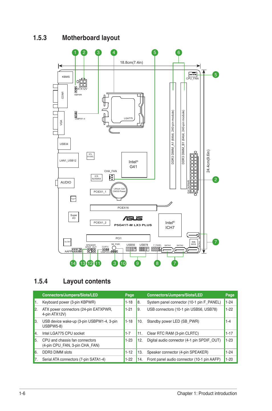 3 motherboard layout, 4 layout contents, Motherboard layout -6 | Layout contents -6, 6 chapter 1: product introduction | Asus P5G41T-M LX3 PLUS User Manual | Page 16 / 60