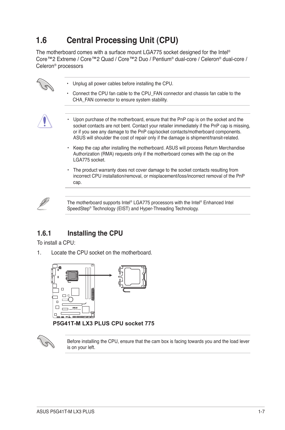 6 central processing unit (cpu), 1 installing the cpu, Central processing unit (cpu) -7 1.6.1 | Installing the cpu -7 | Asus P5G41T-M LX3 PLUS User Manual | Page 17 / 60