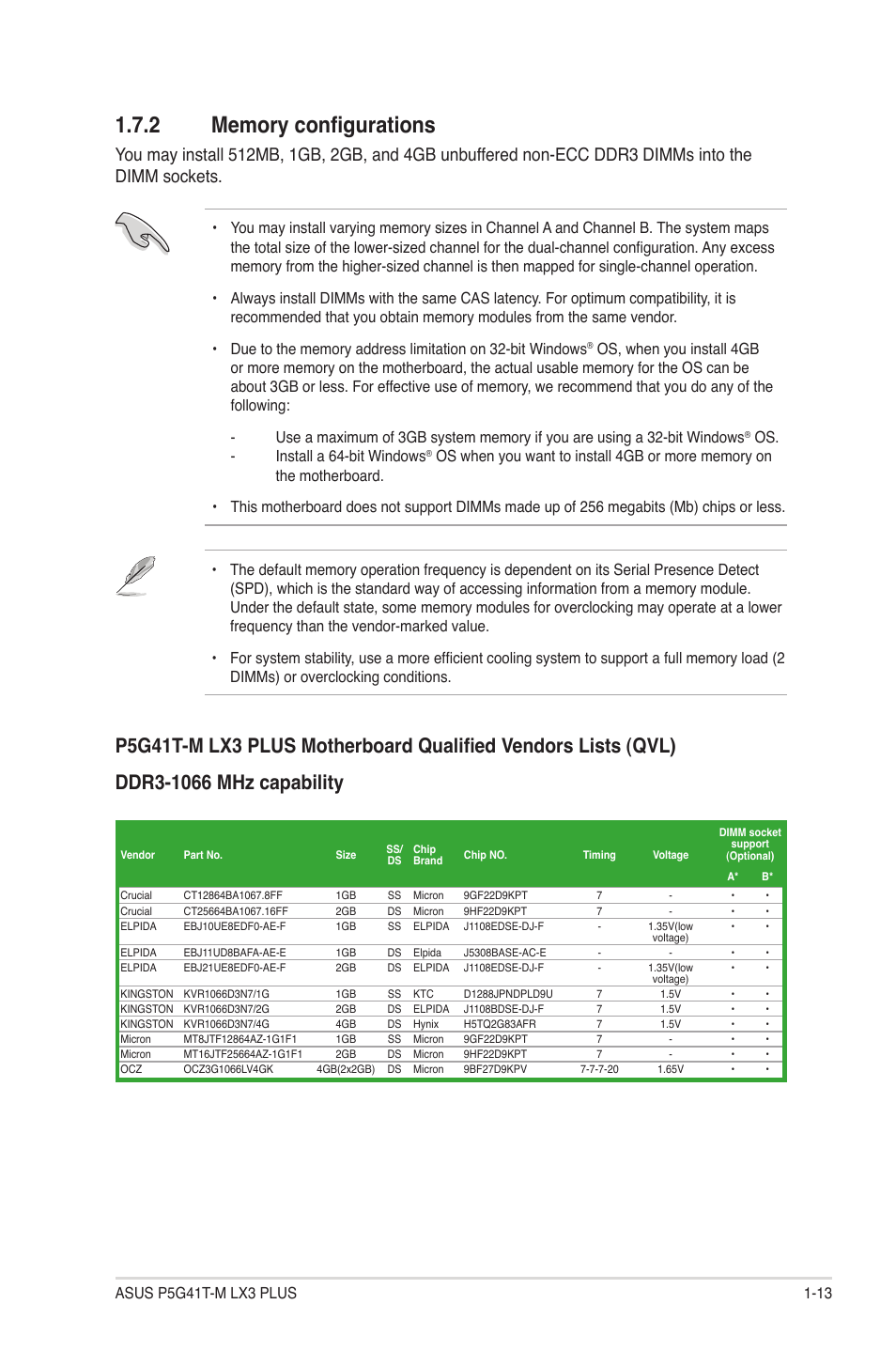 2 memory configurations, Memory configurations -13 | Asus P5G41T-M LX3 PLUS User Manual | Page 23 / 60