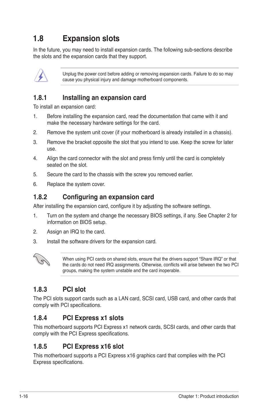 8 expansion slots, 1 installing an expansion card, 2 configuring an expansion card | 3 pci slot, 4 pci express x1 slots, 5 pci express x16 slot, Expansion slots -16 1.8.1, Installing an expansion card -16, Configuring an expansion card -16, Pci slot -16 | Asus P5G41T-M LX3 PLUS User Manual | Page 26 / 60