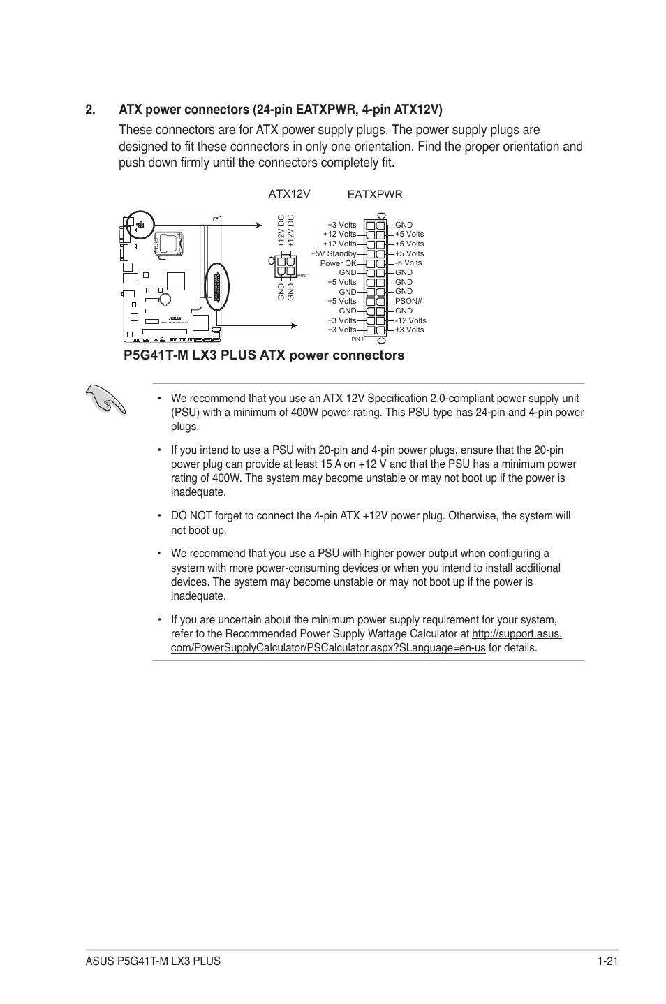 P5g41t-m lx3 plus atx power connectors | Asus P5G41T-M LX3 PLUS User Manual | Page 31 / 60