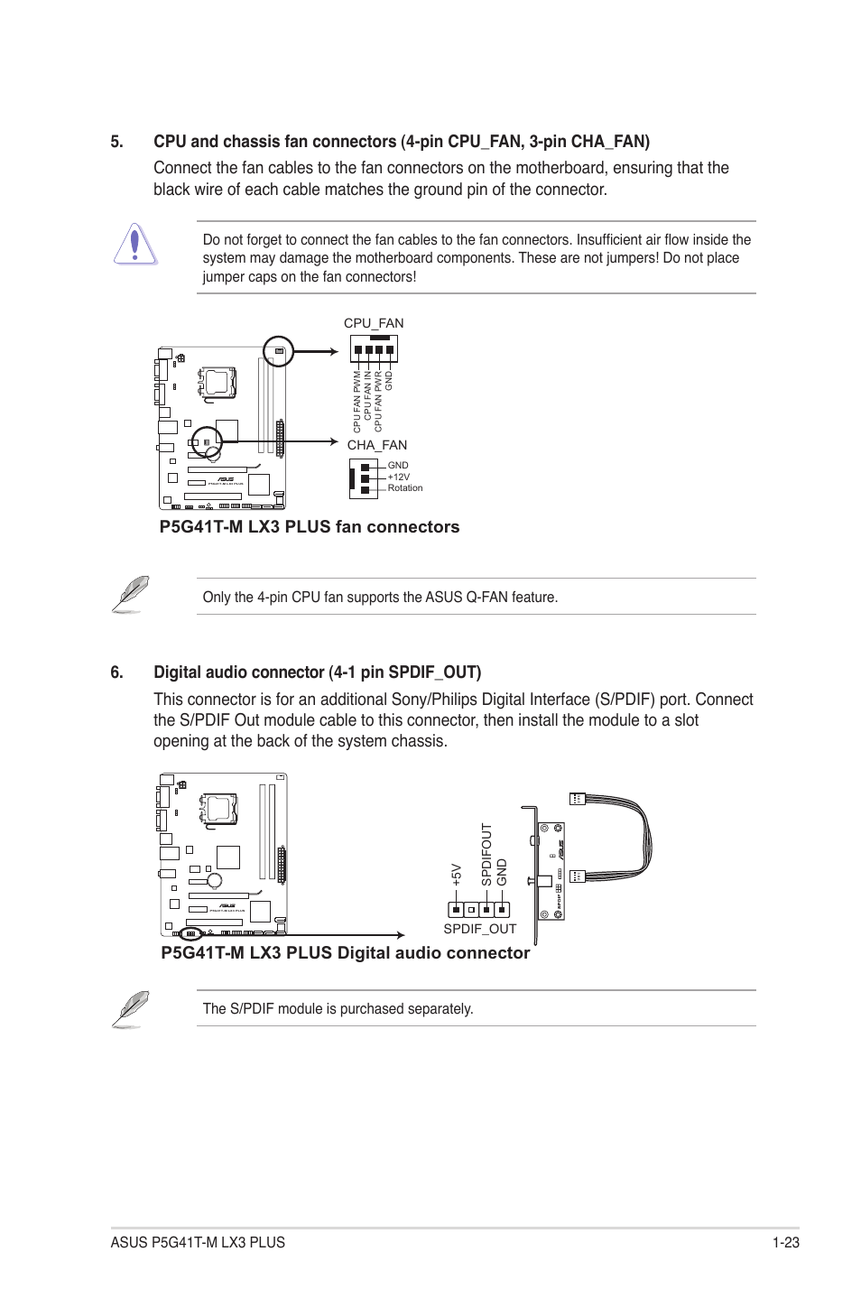 P5g41t-m lx3 plus fan connectors, P5g41t-m lx3 plus digital audio connector | Asus P5G41T-M LX3 PLUS User Manual | Page 33 / 60