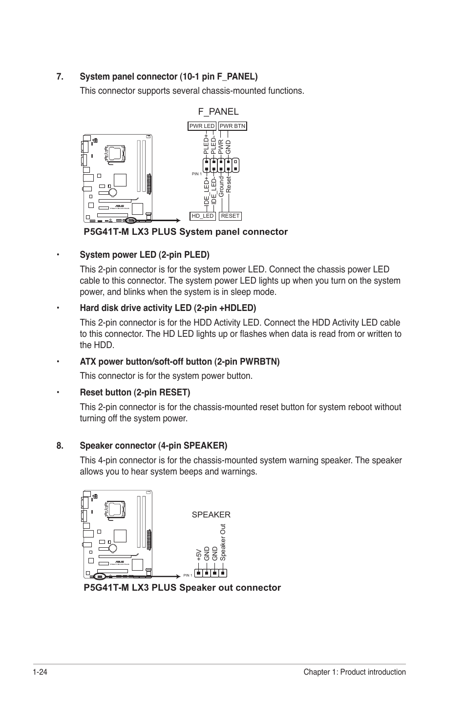 F_panel, P5g41t-m lx3 plus system panel connector, P5g41t-m lx3 plus speaker out connector | Asus P5G41T-M LX3 PLUS User Manual | Page 34 / 60