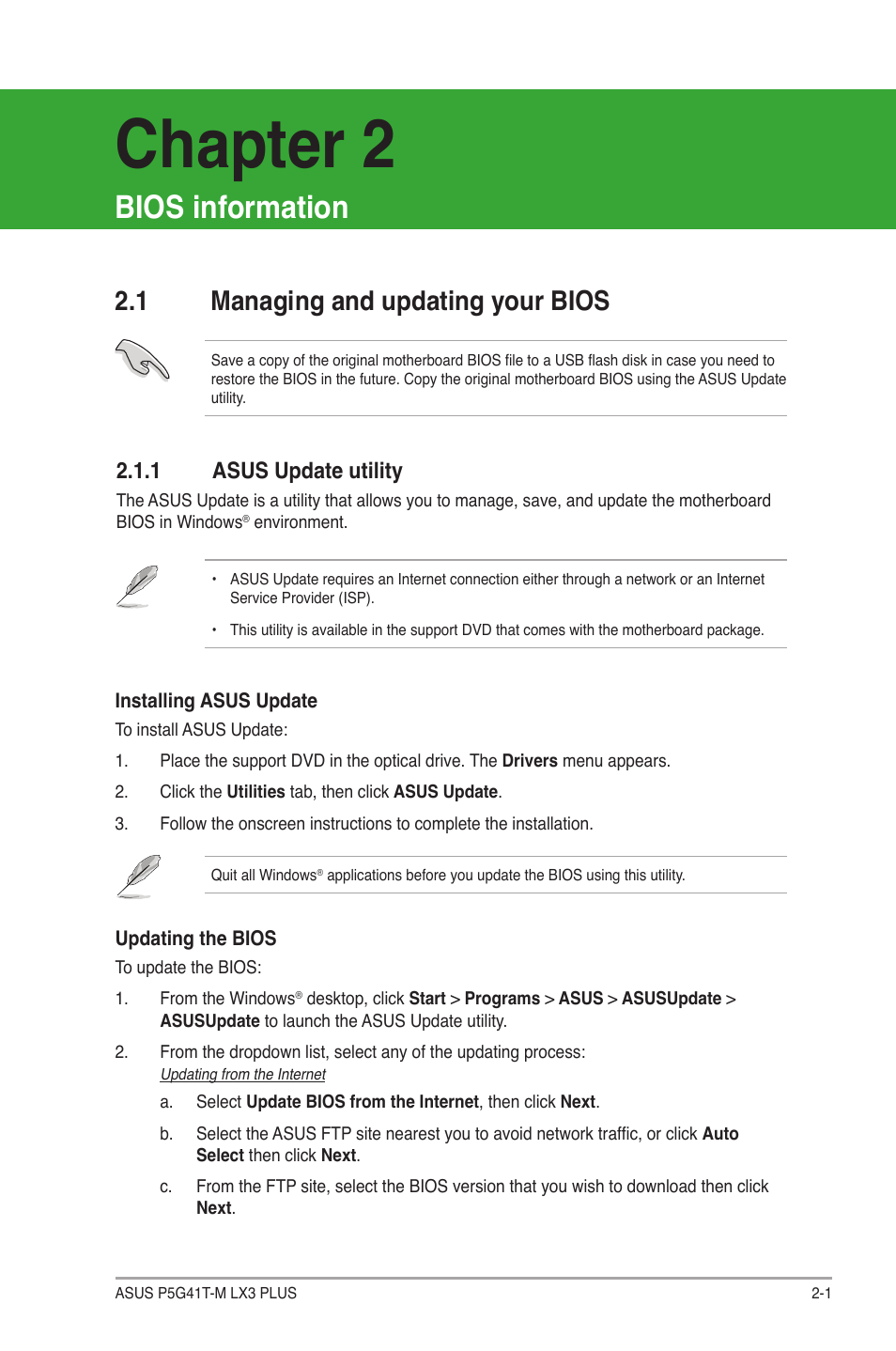 Chapter 2, Bios information, 1 managing and updating your bios | 1 asus update utility, Managing and updating your bios -1 2.1.1, Asus update utility -1 | Asus P5G41T-M LX3 PLUS User Manual | Page 37 / 60