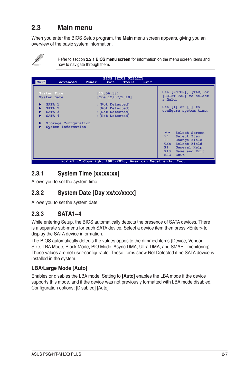 3 main menu, 1 system time [xx:xx:xx, 2 system date [day xx/xx/xxxx | 3 sata1~4, Main menu -7 2.3.1, System time [xx:xx:xx] -7, System date [day xx/xx/xxxx] -7, Sata1~4 -7, Lba/large mode [auto | Asus P5G41T-M LX3 PLUS User Manual | Page 43 / 60