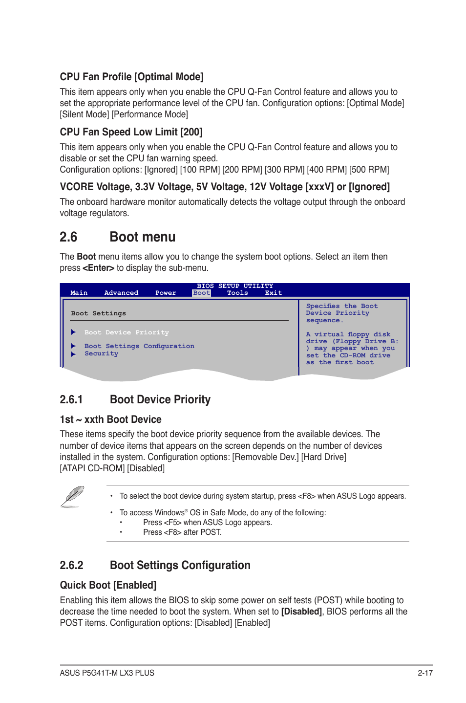 6 boot menu, 1 boot device priority, 2 boot settings configuration | Boot menu -17 2.6.1, Boot device priority -17, Boot settings configuration -17 | Asus P5G41T-M LX3 PLUS User Manual | Page 53 / 60