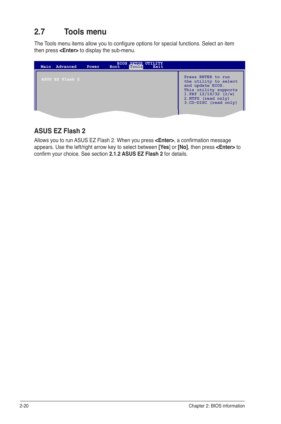 7 tools menu, Tools menu -20, Asus ez flash 2 | Asus P5G41T-M LX3 PLUS User Manual | Page 56 / 60