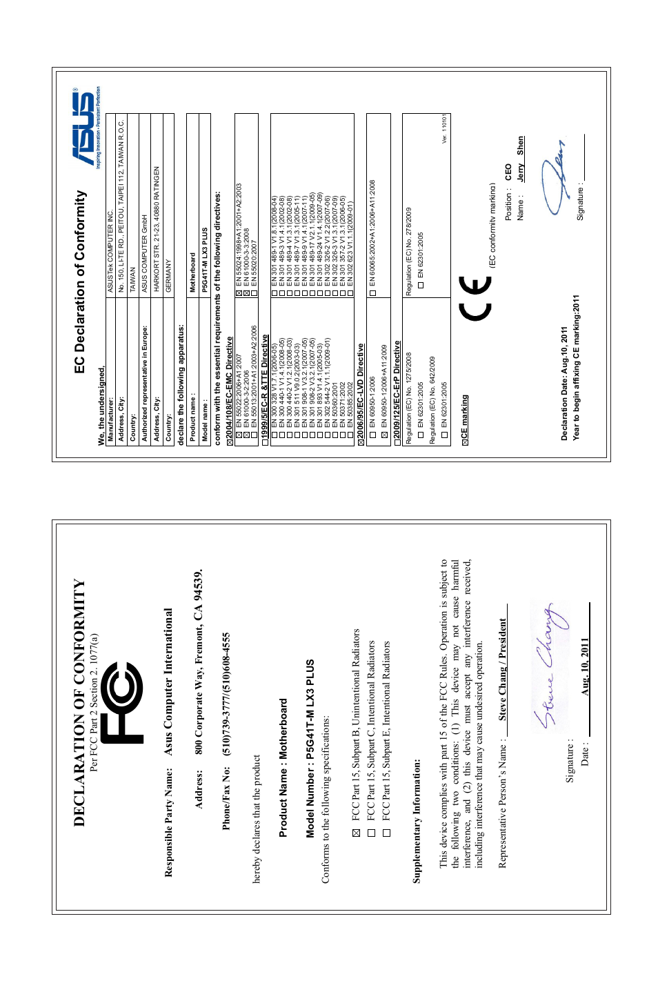 Declaration of conformity, Ec declaration of conformity, Asu s c om pu te r in te rn at io na l | Asus P5G41T-M LX3 PLUS User Manual | Page 60 / 60