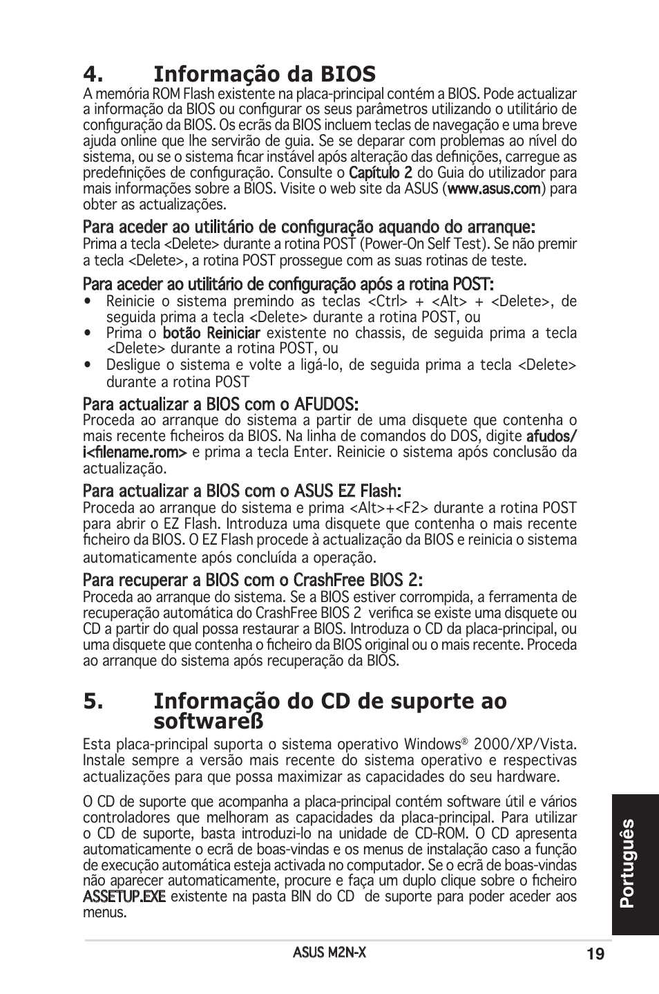 Informação da bios, Informação do cd de suporte ao softwareß, Português | Asus M2N-X User Manual | Page 19 / 38