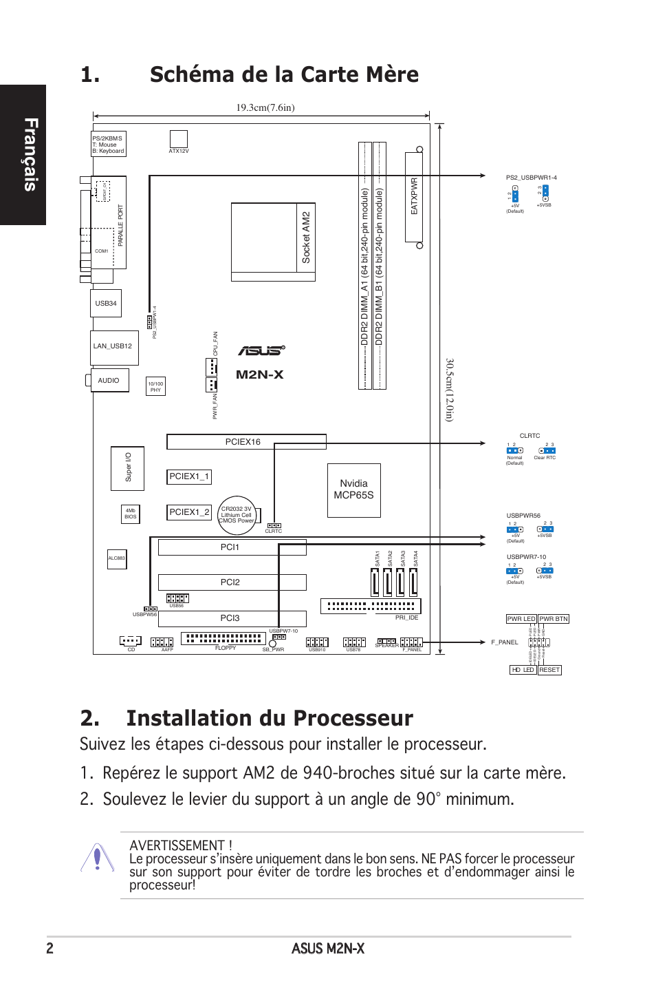 Français, Asus mn-x, M2n-x | 5cm(12.0in), 3cm(7.6in), Nvidia mcp65s, Socket am2 | Asus M2N-X User Manual | Page 2 / 38