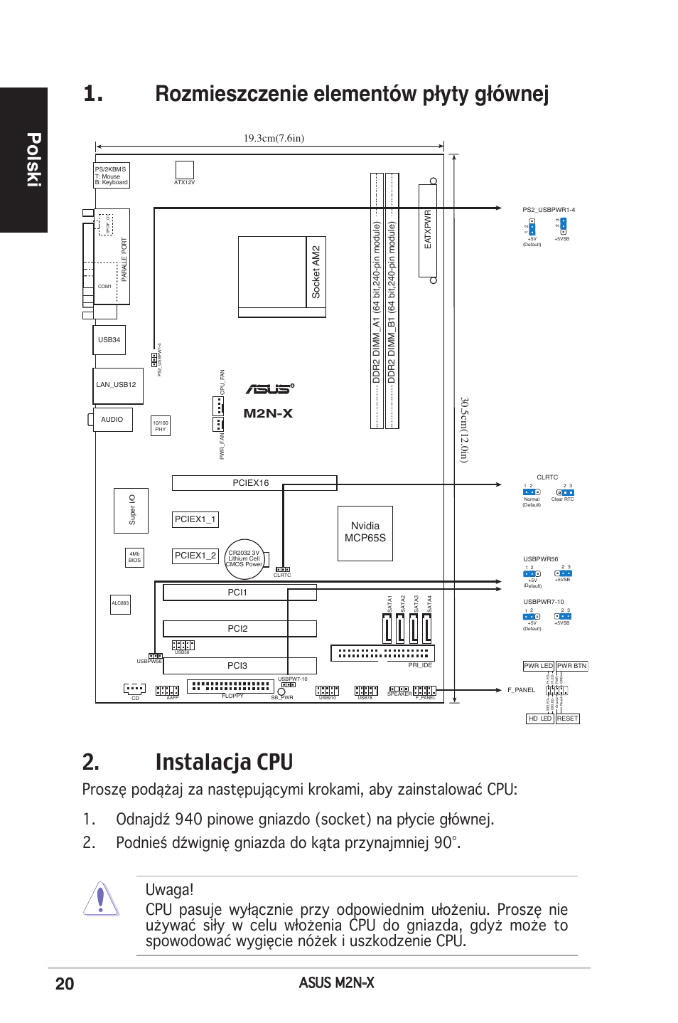 Rozmieszczenie elementów płyty głównej, Instalacja cpu, Polski | Asus m2n-x, M2n-x, 5cm(12.0in), 3cm(7.6in), Nvidia mcp65s | Asus M2N-X User Manual | Page 20 / 38