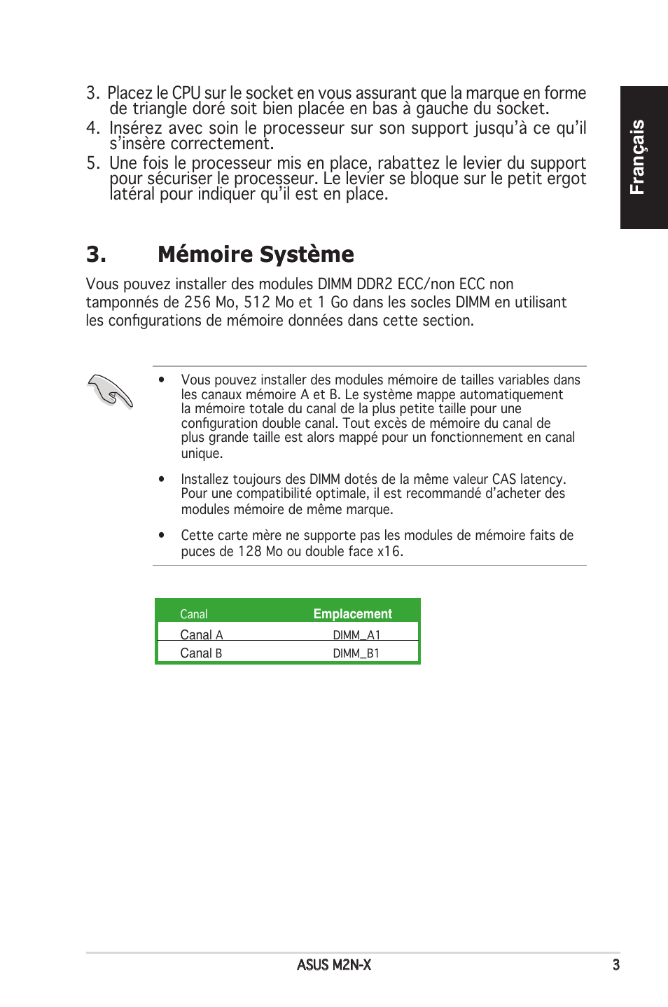 Mémoire s�stème mémoire s�stème, Français | Asus M2N-X User Manual | Page 3 / 38