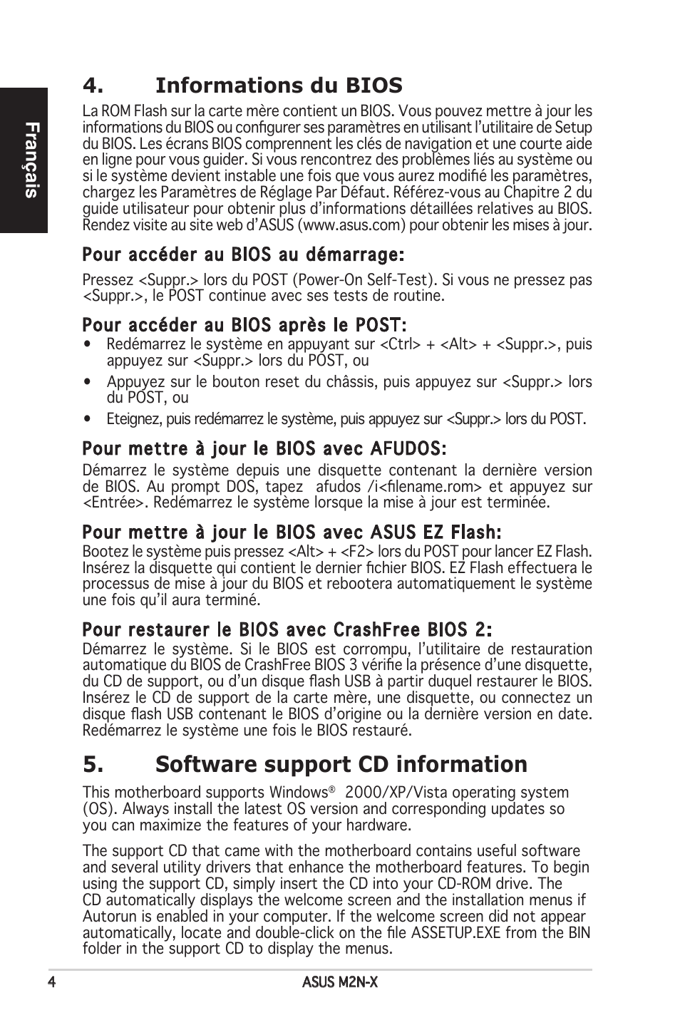 Software support cd information, Informations du bios, Français | Asus M2N-X User Manual | Page 4 / 38