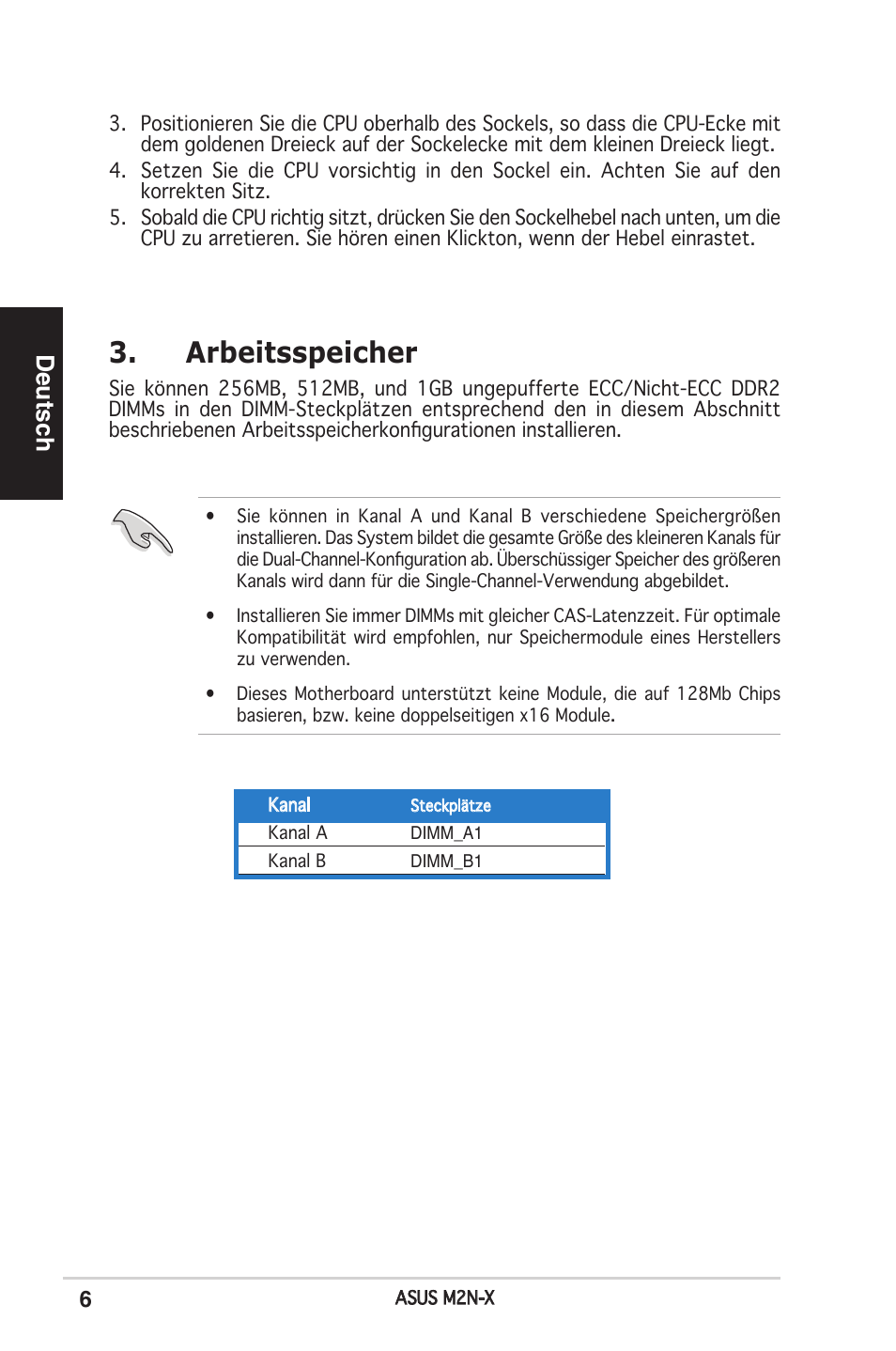 Arbeitsspeicher, Deutsch | Asus M2N-X User Manual | Page 6 / 38