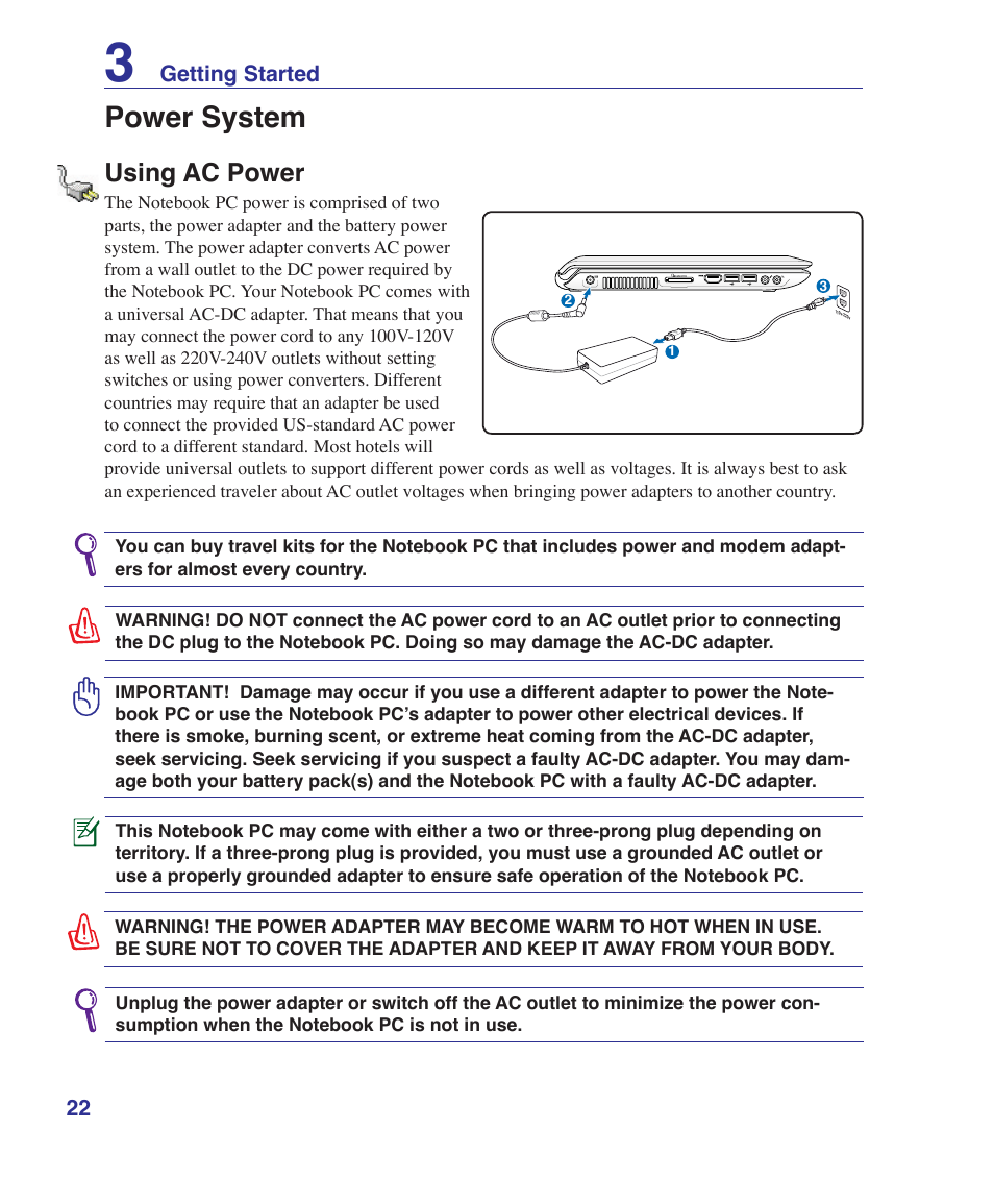 Power system, Using ac power | Asus UL50Vg User Manual | Page 22 / 82