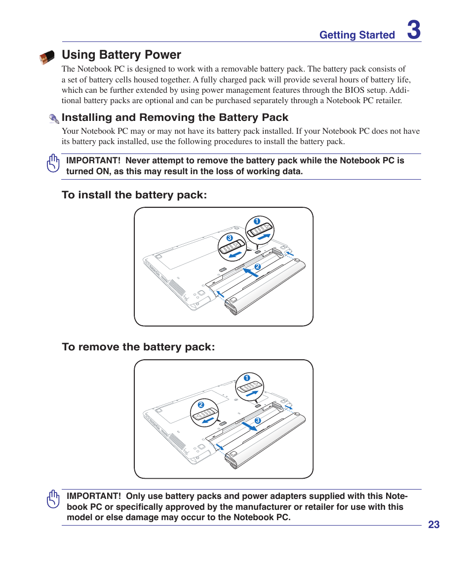 Using battery power, Installing and removing the battery pack, Getting started | Asus UL50Vg User Manual | Page 23 / 82