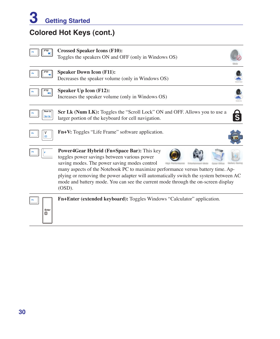 Colored hot keys (cont.) | Asus UL50Vg User Manual | Page 30 / 82