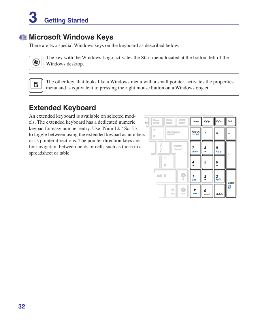 Microsoft windows keys, Extended keyboard | Asus UL50Vg User Manual | Page 32 / 82