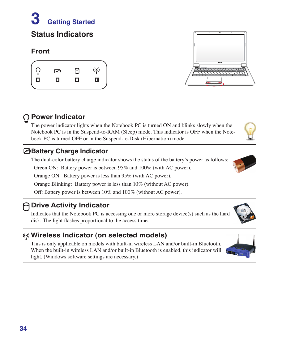 Status indicators | Asus UL50Vg User Manual | Page 34 / 82