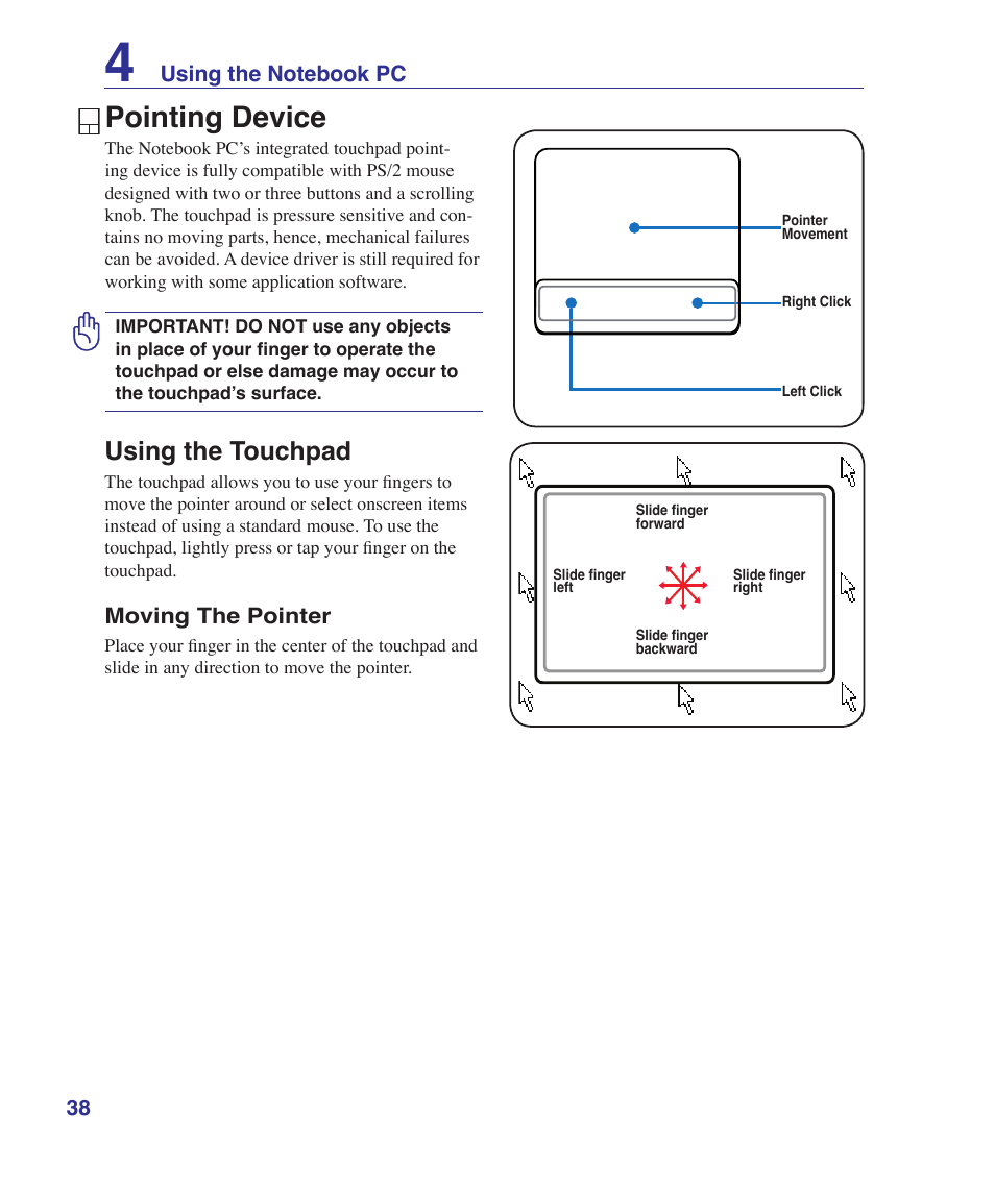 Pointing device, Using the touchpad | Asus UL50Vg User Manual | Page 38 / 82