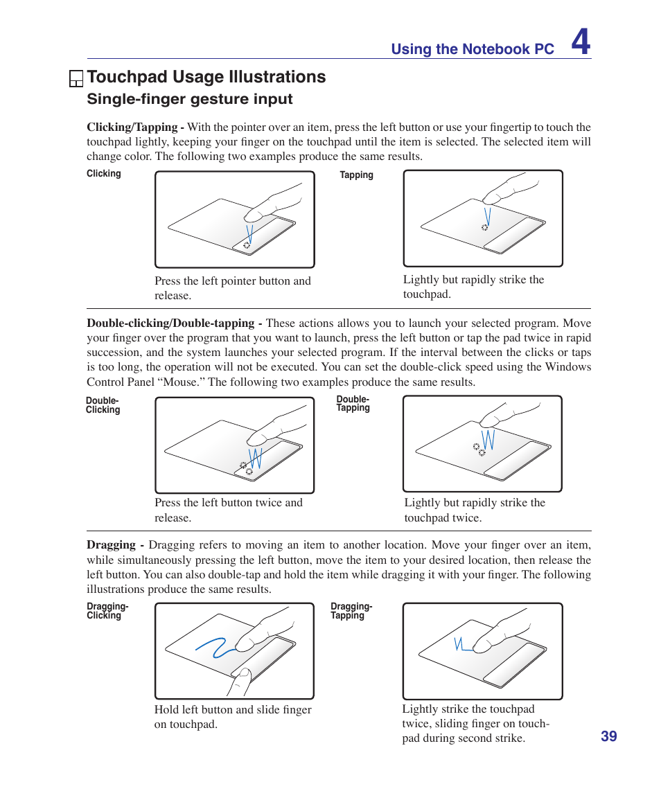 Touchpad usage illustrations | Asus UL50Vg User Manual | Page 39 / 82