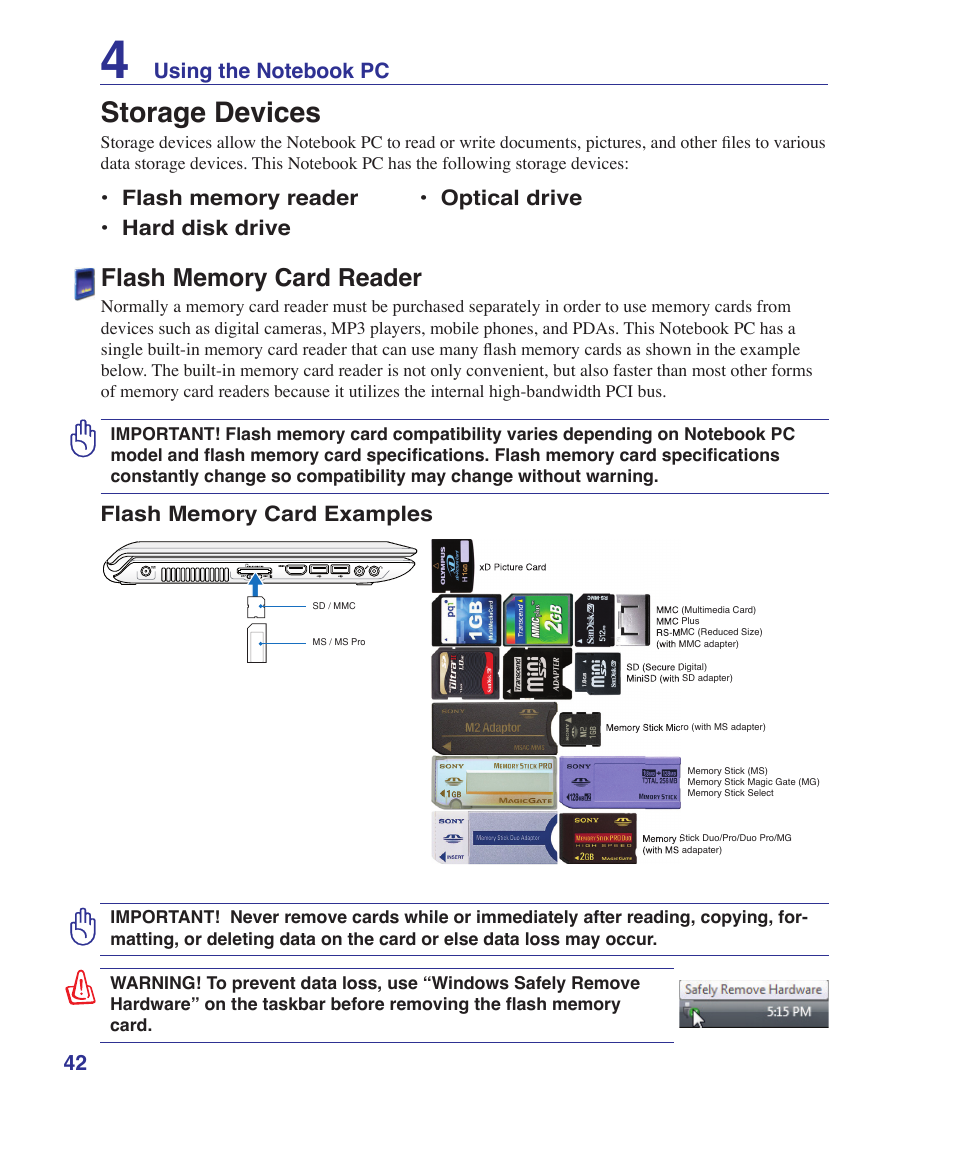 Storage devices, Flash memory card reader | Asus UL50Vg User Manual | Page 42 / 82