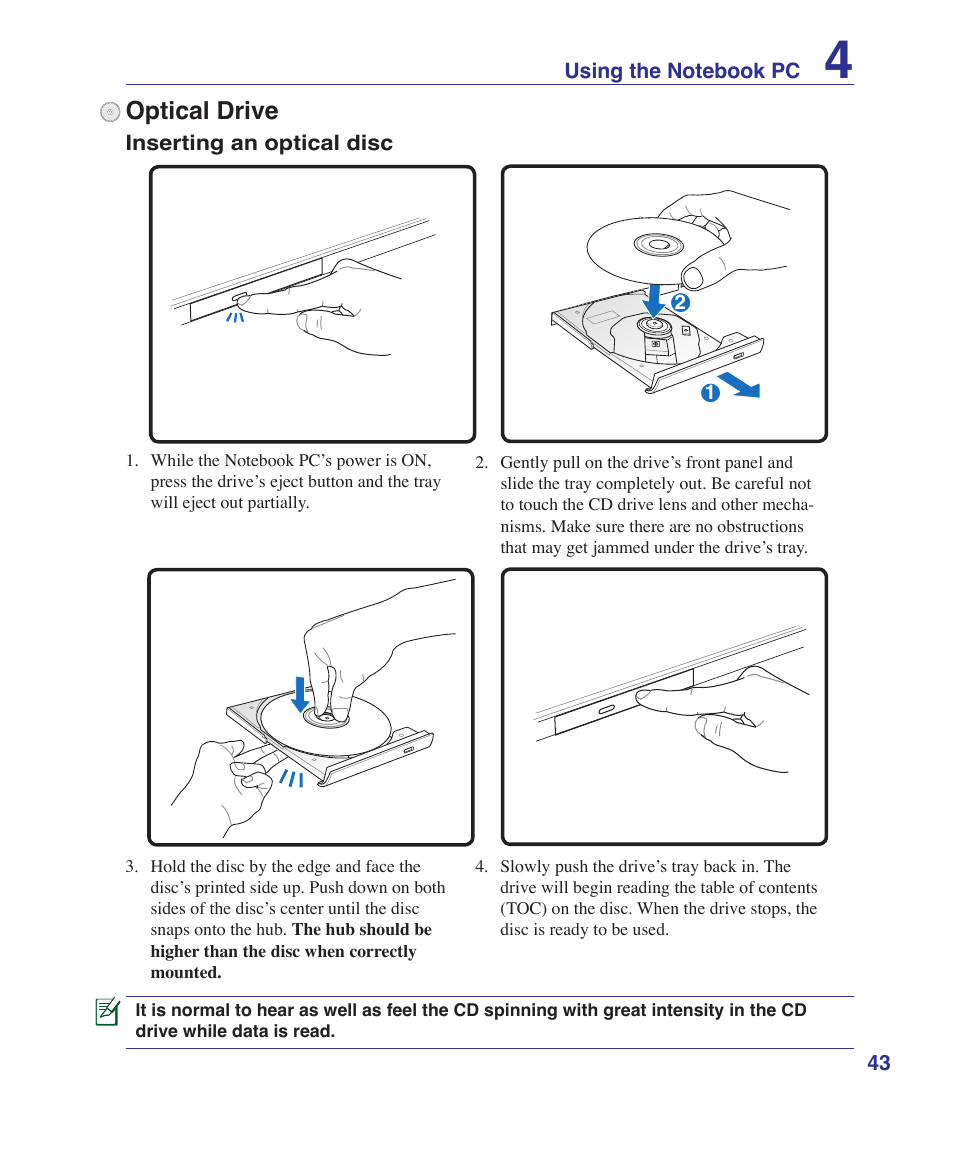 Optical drive | Asus UL50Vg User Manual | Page 43 / 82