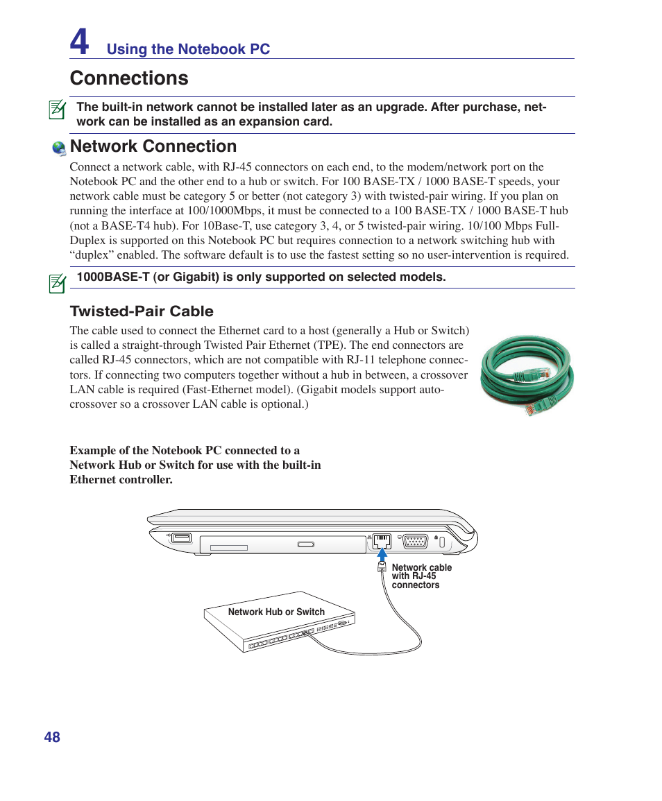 Connections, Network connection | Asus UL50Vg User Manual | Page 48 / 82