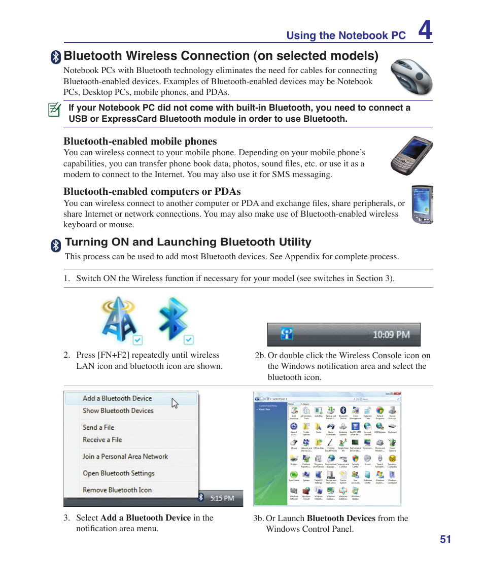 Bluetooth wireless connection (on selected models) | Asus UL50Vg User Manual | Page 51 / 82