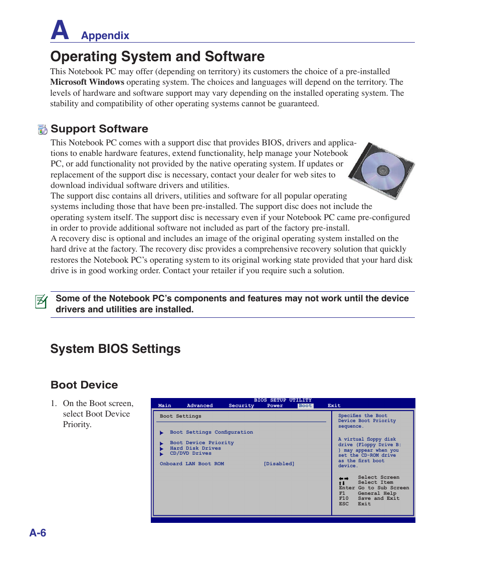 Operating system and software, System bios settings, Appendix a-6 support software | Boot device | Asus UL50Vg User Manual | Page 58 / 82