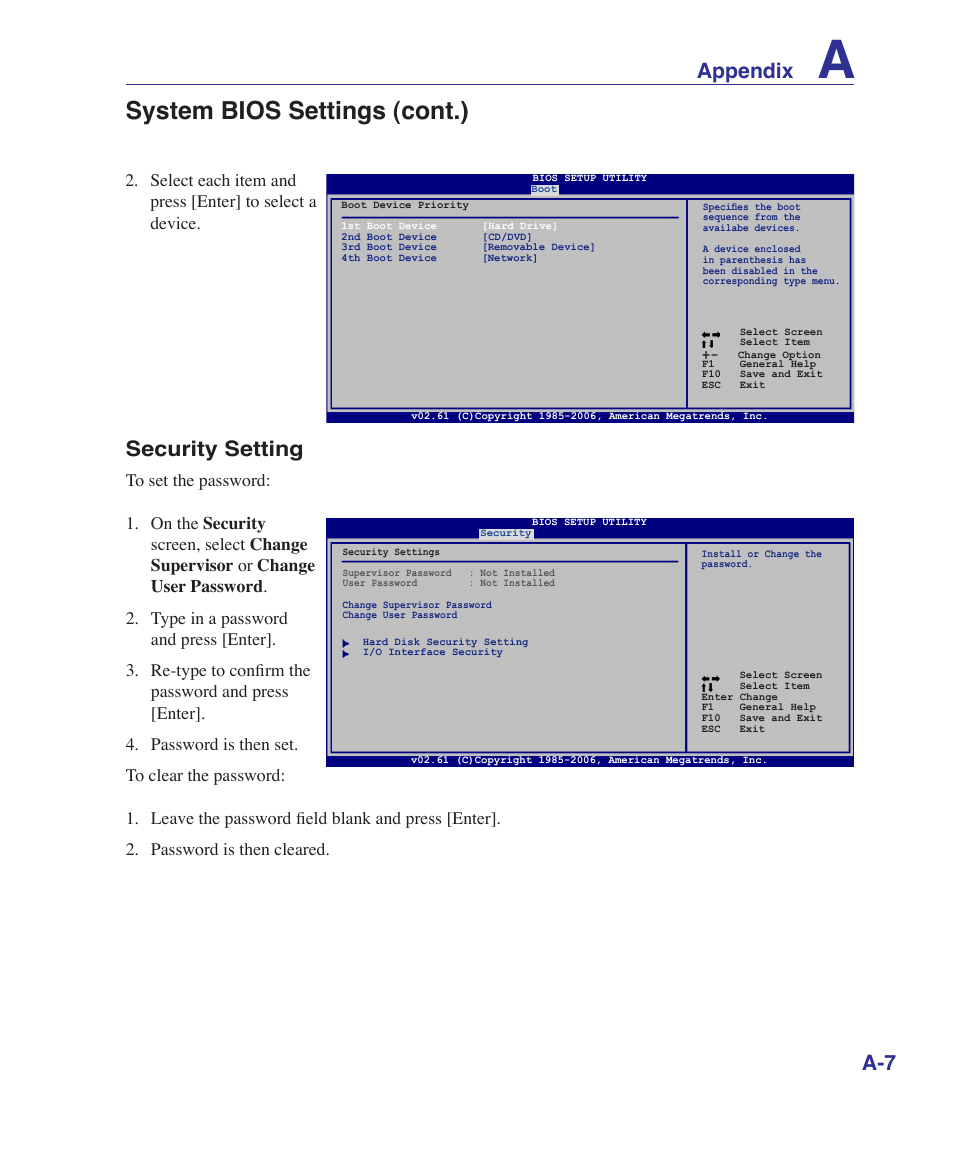 System bios settings (cont.), Appendix, Security setting | Asus UL50Vg User Manual | Page 59 / 82