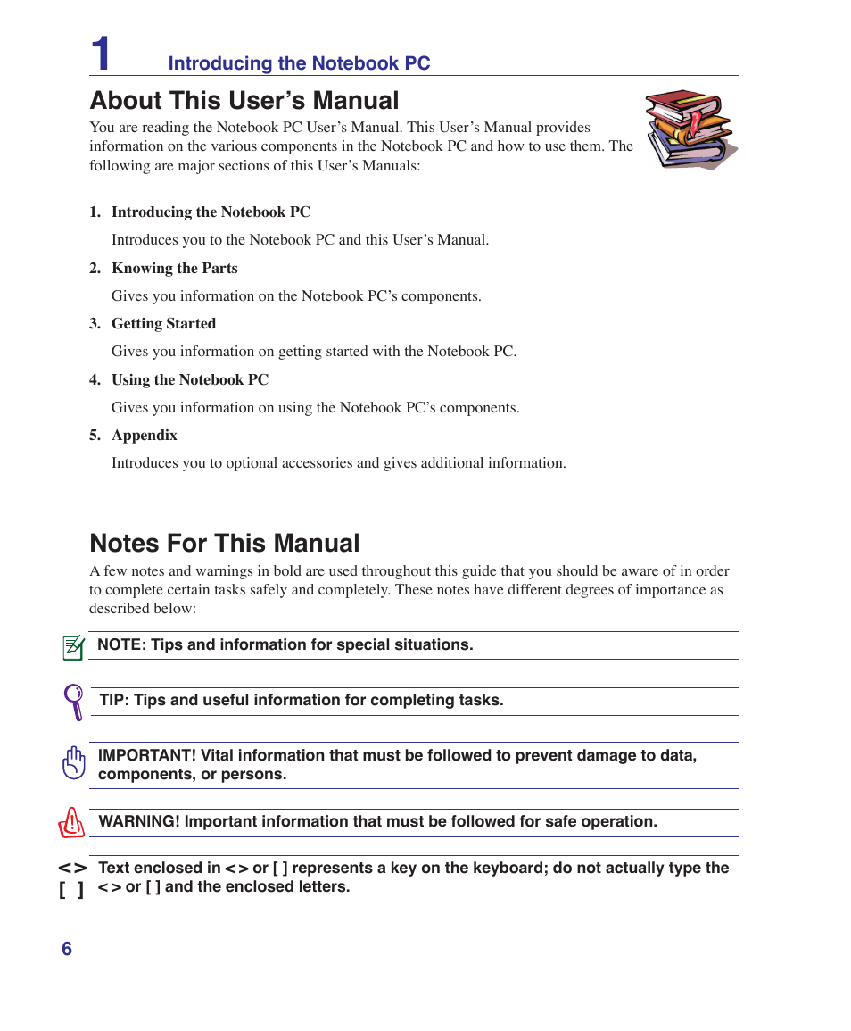 About this user’s manual, Notes for this manual | Asus UL50Vg User Manual | Page 6 / 82