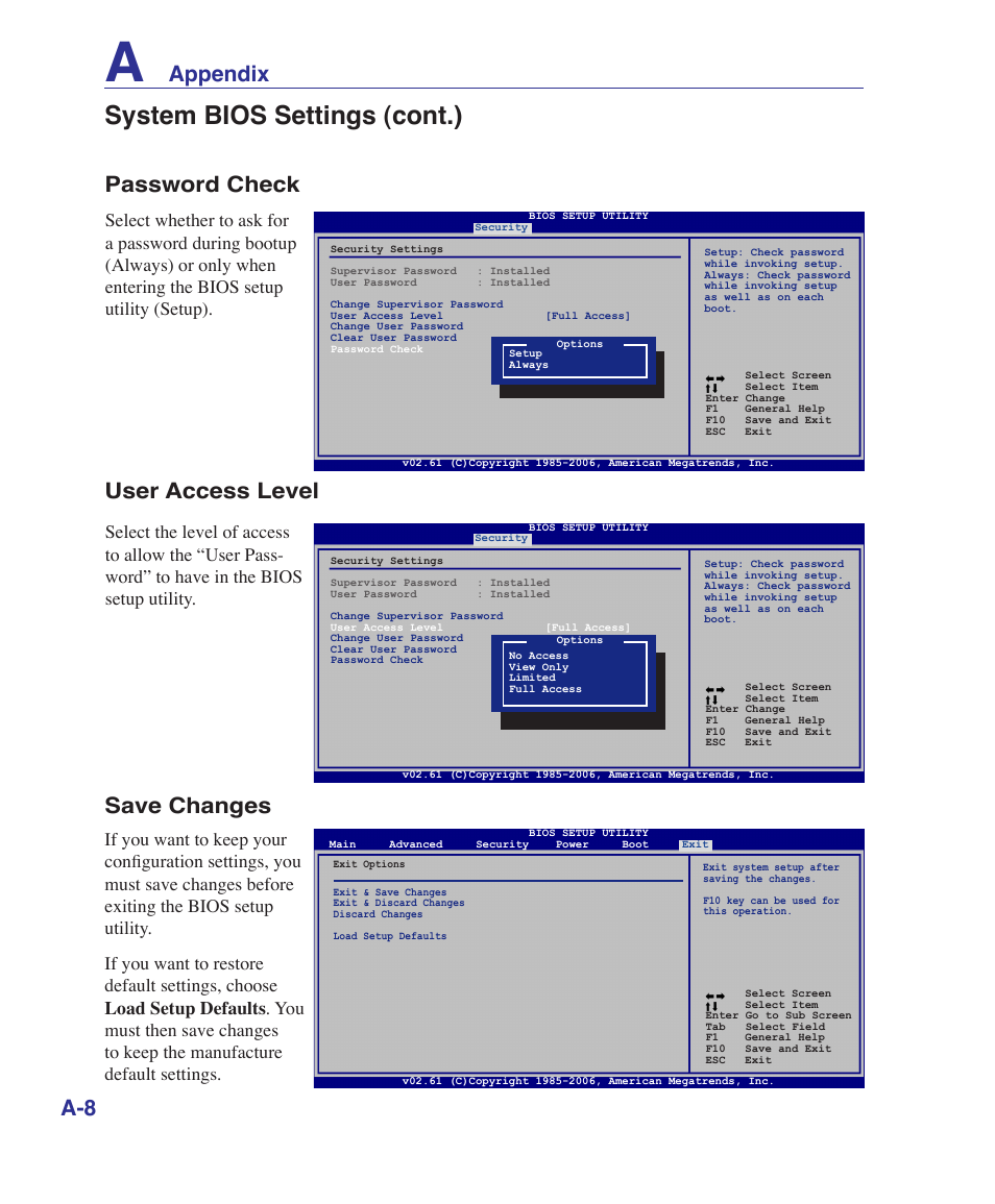 System bios settings (cont.), Appendix a-8, Password check | User access level save changes | Asus UL50Vg User Manual | Page 60 / 82