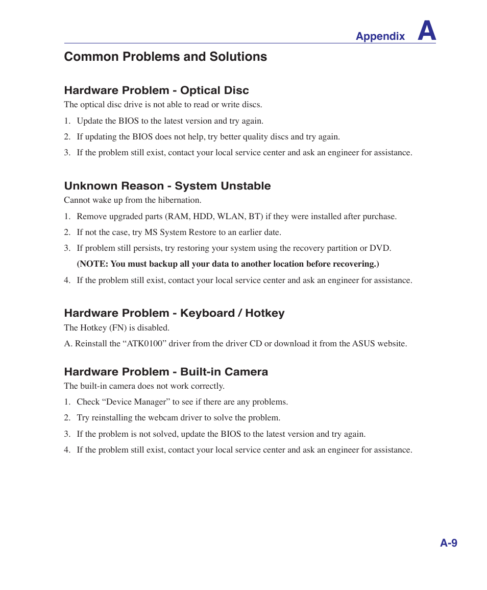 Common problems and solutions | Asus UL50Vg User Manual | Page 61 / 82