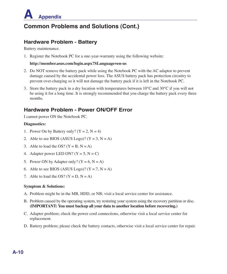 Common problems and solutions (cont.) | Asus UL50Vg User Manual | Page 62 / 82