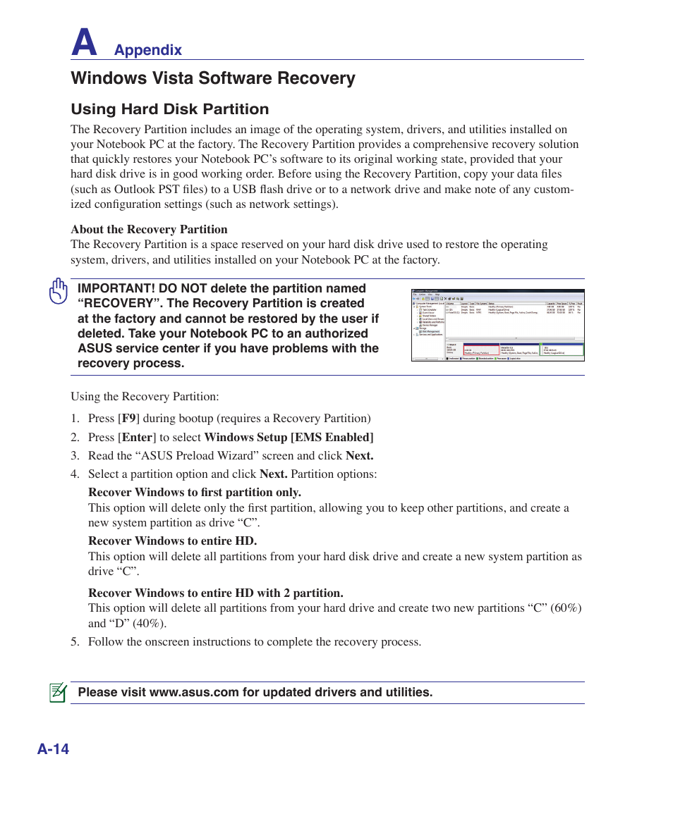 Windows vista software recovery | Asus UL50Vg User Manual | Page 66 / 82