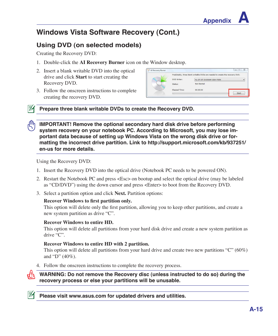 Windows vista software recovery (cont.) | Asus UL50Vg User Manual | Page 67 / 82